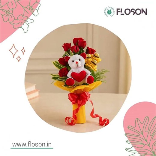 Soft Teddy, Fresh Flowers & Endless Love | Teddy & Flower Gift Combo | Floson