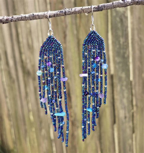Aleut Midnight Magic Beaded Fringe Earrings W/ Stones - Etsy
