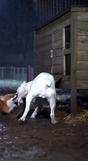 Dogo Argentino bursts from under the coop, flips the fox, and drives it off as the rain finally ends