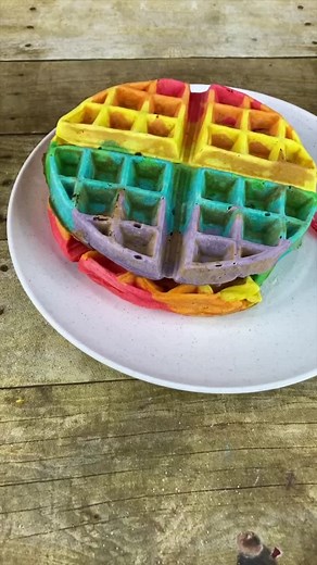 Rainbow Waffles 🧇 Enjoy these colorful waffles for breakfast. #waffles #rainbow #homechef #recipe #breakfast #funfoods #tinyspoon