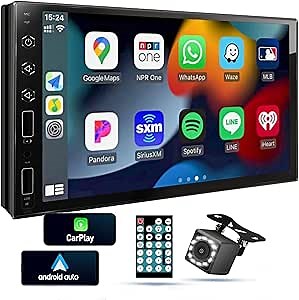 7 Inch Touch Screen Double Din Car Stereo with Bluetooth 5.1, Android Auto, Apple CarPlay, Backup Camera, Subwoofer, FM Radio, Mirror Link