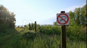 A no diving sign posted in a lush, scenic outdoor area near a body of water, emphasizing safety regulations and natural beauty. The setting features greenery and a clear sky. High quality 4k footage