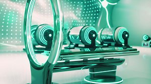 A futuristic laboratory room with illuminated mirrors and glass walls