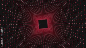 Abstract black and red pattern featuring a square shape, created with small red dots against a black backdrop, fostering multiple interpretations