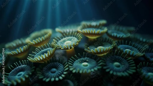Close-up of underwater coral polyps glowing in deep ocean with blue light rays and detailed texture