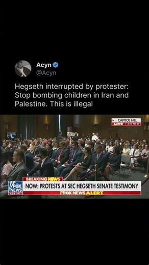 Hegseth INTERRUPTED by PROTESTER During Hearing: Stop bombing children in Iran and Palestine