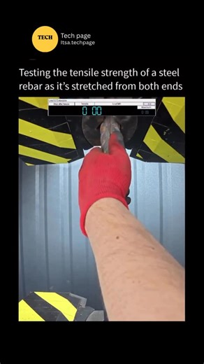 Tech page on Instagram: "This test demonstrates the tensile strength of a steel rebar by stretching it from both ends until it reaches its breaking point. The process measures how much force the steel can withstand before deforming or snapping. It helps determine the material’s durability, flexibility, and quality for construction use. By analyzing the results, engineers ensure that the rebar meets safety standards and can handle the stress and load of large structures like bridges and buildings