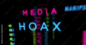 Fake news kinetic text abstract concept animated. Disinformation propaganda hoax and false typography 3d words cloud animation.