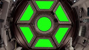 3D animation of a futuristic space shuttle interior inspired by the Cupola observation module. Features a green screen through hexagonal windows for customizable backgrounds, ideal for VFX work in sci