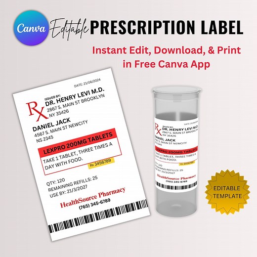 Editable Prescription Label Template | Pill Bottle Label | RX Label | | Custom Prescription Label | Supplement Labels | Canva Editable - Etsy