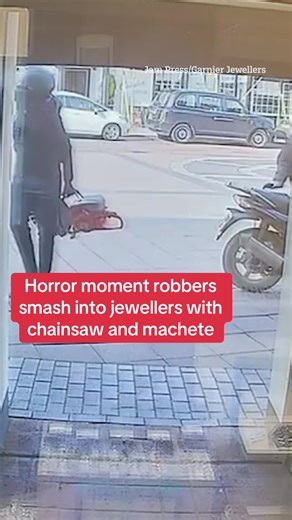 Watch the terrifying moment a pair of robbers armed with massive blades and a power saw smash their way into a jewellers to steal gems. Click on the link above for more. #Robbery #Crime #UKNews #Jewellery #CrimeTok
