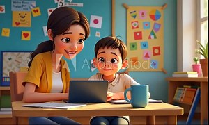 Teacher shows a student how to use a digital tablet in an elementary school