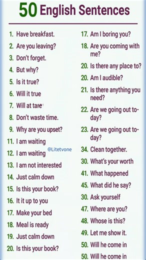 40K views · 460 reactions | 50 English Sentences - learn English with me ✍️ #practiceenglish #FluentEnglish #learntoday #fblifestyle #englishlearning #practicalenglish #languagelearning #howtolearnenglish #learningisfun #English | Litetvone | Facebook