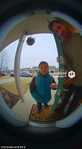 Ring camera pov of a kid ringing to an older version of himself