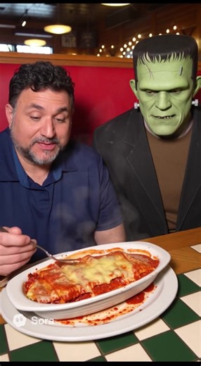 Frankenstein is eating lasagna with Joe! Hot, delicious lasagna to share with your favorite monsters! 😝 | Mount Dora Pizza & Subs