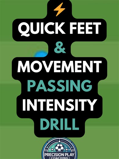 ⚡ Quick Feet & Movement Passing Intensity Drill | High Tempo Warm-Up A sharp, high-tempo drill to improve passing, first touch, and constant movement with quick feet. ⚽🔥 Setup: Mark out a diamond shape with cones at each corner. Place a gate of 2 cones in the center of the diamond. One server with a ball at the south cone. Remaining players form a queue at the north cone. How It Works: First player from the north runs into the diamond and receives a pass from the server. They play the ball stra