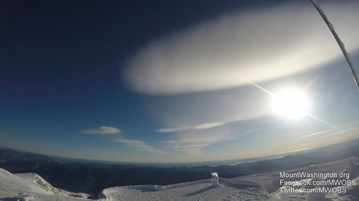 Here is a time lapse of the lenticular clouds from a few days ago! You can see the waves in the atmosphere generated by the presidential range and how far downwind of us the waves go. There were even some ice crystals forming in the clouds that created a light gray streak connecting each lenticular cloud. | Mount Washington Observatory
