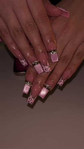 Blingy Pink Cat Eye Glitter French Tips with Gold Leopard Print