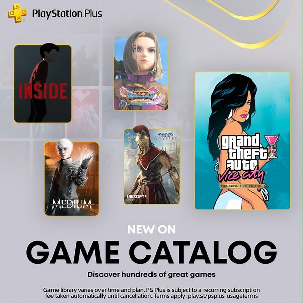 123K views · 2.8K reactions | Your PlayStation Plus Game Catalog lineup for October: ➕ Grand Theft Auto: Vice City - The Definitive Edition ➕ Dragon Quest XI S: Echoes of an Elusive Age ➕ Assassin’s Creed Odyssey … and many more. The full list: play.st/3VmkljP | PlayStation | Facebook