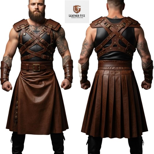 Men's Leather Warrior Kilt & Harness Gear Belt and Shoulder Strapped Skirt Dress