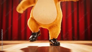 joyful bear mascot tap dancing on stage