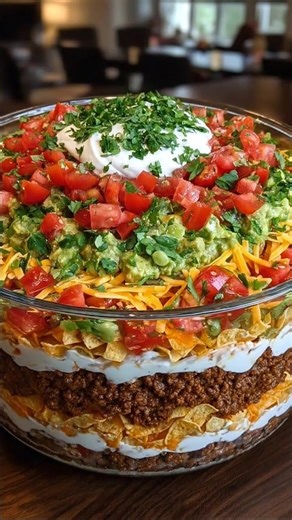 Seven Layer Taco Salad Don’t LOSE this Recipe! This Seven Layer Taco Salad is the ultimate crowd-pleaser — packed with bold taco flavor, creamy layers, crunchy chips, and fresh toppings. It’s perfect for parties, potlucks, or an easy family dinner everyone will love. Ingredients: 1 lb ground beef, cooked 1 packet taco seasoning 1 head lettuce, chopped | The Cozy Spoon