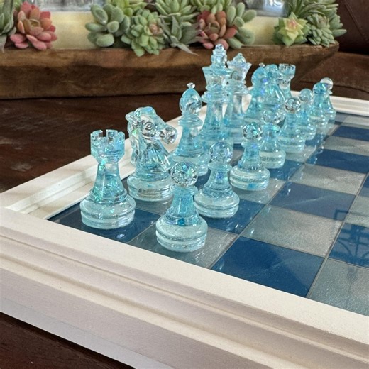 Glass Tide Chess Set | Clear Resin Chess Pieces on Ocean Blue Board | Handmade Translucent Chess Set | Luxury Coastal Decor | MADE TO ORDER - Etsy