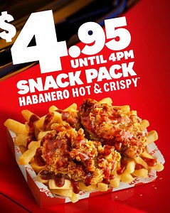 Snacking just got HOTTER with our $4.95 Habanero Hot & Crispy™ Snack Pack 🔥🌶 😛 Get your hands on our crispy mouthwatering chicken stacked on a bed of golden chips, drizzled with a bold habanero kick 😋 Not everywhere and not forever. Until 4pm. Pick up only. | KFC