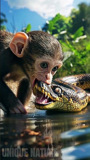 Giant python attacks baby monkey on stream bank #snake #wildlife #animals #monkey #python