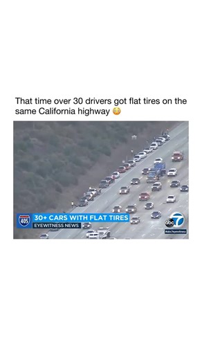 Factsdailyy on Instagram: "WILD 😳 In 2023, more than 30 drivers had their tires go flat on the 405 Freeway near Mulholland Drive in Los Angeles during the morning commute. At least 36 vehicles pulled over for help with flat tires at roughly the same time. The California Highway Patrol said it did not appear intentional and told Eyewitness News that the likely cause was debris on the road, possibly a box of nails or wooden blocks that fell off a truck. No injuries were reported in the incident.