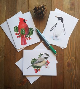 BIRD CHRISTMAS Cards: Set of Six WATERCOLOR Bird Holiday Cards, 2 Each of Penguin, Cardinal and Chickadee Cards With Envelopes