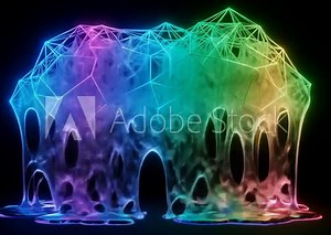 Neon Goo with Geometric Overlay - A vibrant, abstract animation of glowing, multicolored goo dripping down from a geometric structure.