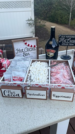 Here is how to set a hot cocoa bar for the holidays. Essentials ◻️Hot disposable cups ◻️Paper napkins ◻️Spoons to stir ◻️Peppermint Bark ◻️Hot Cocoa Mix ◻️Marshmallows ◻️Candy Cane Peppermints ◻️Whipped cream ◻️Sprinklers ◻️Hot water kettle Extras ◻️Melting chocolate spoons ◻️Caramel Syrup ◻️Crushed Peppermint ◻️Stroop Waffles ◻️Hot Chocolate Bombs ◻️Cinnamon Sticks or powdered cinnamon Boozy Extras ◻️Coffee Liquor ◻️Baileys ◻️Egg Nog Hope we inspired you to set up a hot chocolate bar. Don’t for