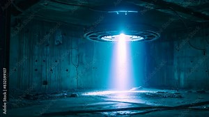 A room filled with darkness, pierced by a glowing blue light emanating from a mysterious alien artifact, A mysterious alien artifact emitting an eerie blue light in a dark, abandoned spaceship Stock Video