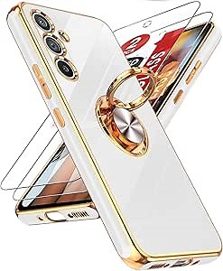 LeYi for Samsung Galaxy A54 5G Case with Tempered Glass Screen Protector [2 Pack] 360° Rotatable Ring Holder Magnetic Kickstand, Plating Rose Gold Edge Protective Case, White