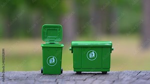 Close-up of a hand placing crumpled paper balls into a miniature green trash bin in an outdoor environment. Waste management and recycling habits concept. Stock Video