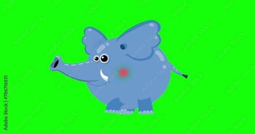 Cartoon blue elephant animation walking in place greenbox. Animated character isolated. Good for any material for kids, adverts, etc...