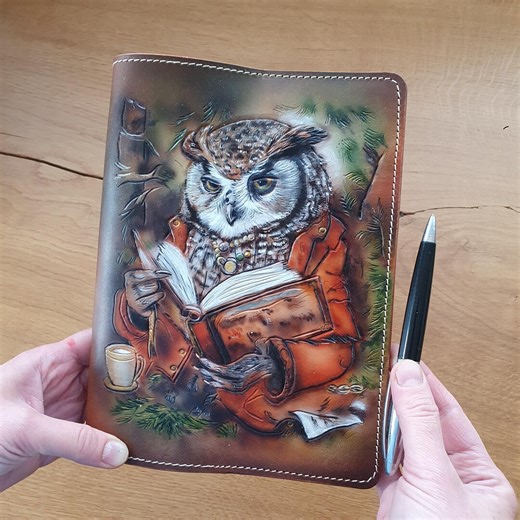 Handcrafted Leather Owl Notebook A5,hand-tooled & Hand-painted Journal, Saddle Stitch Binding - Etsy
