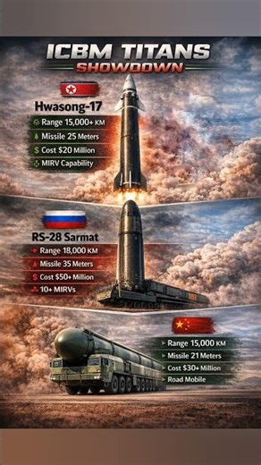 🚀☢️ ICBM TITANS SHOWDOWN🇰🇵 Hwasong-17 vs 🇷🇺 RS-28 Sarmat vs 🇨🇳 DF-41🌍 #icbmmissile