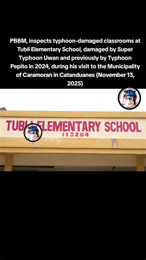 President Ferdinand R. Marcos Jr. inspects typhoon-damaged classrooms at Tubli Elementary School, damaged by Super Typhoon Uwan and previously by Typhoon Pepito in 2024, during his visit to the Municipality of Caramoran in Catanduanes on November 13, 2025. According to Ana Lily Idanan, School Principal of Tubli Elementary School, the campus urgently needs repairs after being hit by several typhoons. Two (2) classrooms previously damaged by Typhoon Pepito have been left unused after their roofs w
