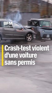 Crash-test impressionnant d'une voiture sans permis 🚗💥 L'assureur MMA a organisé un crash-test d'une voiture classique avec une voiture sans permis. Même à 50 km/h, les dégâts sont considérables et l'un des deux passagers du petit véhicule serait décédé sur le coup. | BFM Business