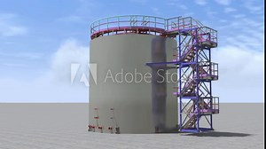 BIM project of an industrial oil storage tank for oil and gasoline. 3D rendering. Circular flyover of the model.