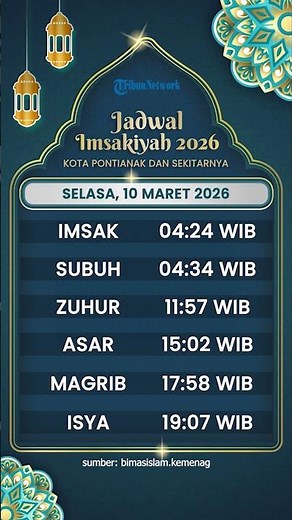 Jadwal Imsakiyah Kota Pontianak Selasa10 Maret 2026, Lengkap dengan Jadwal Sholat