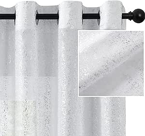 TERLYTEX White and Silver Curtains 84 Inch Length, Metallic Silver Foil Print Sparkle Sheer Curtains for Living Room, Grommet Silver Shimmer Curtains for Windows, 52 x 84 Inch, 2 Panels, Silver White | Airy Fabric, Soft Light Diffusion, Gentle Shimmer Ambiance, Clean Modern Glow Effect, Subtle Privacy