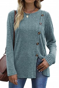 Fantaslook Blouses for Women Long Sleeve Crew Neck Tunic Tops Buttons Side Fall Shirts