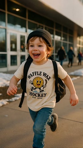 Future rink legend loading… 🏒 That full-send, can’t-wait-to-get-inside sprint every hockey kid knows. WaffleWax Hockey starts young — smiles big, vibes high, and the game always calling. #wafflewaxhockey | Waffle Wax