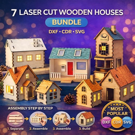 Laser Cut Wooden Houses Bundle SVG DXF CDR – 7 House Models for 3mm Plywood - Etsy