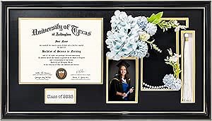 GraduationMall Class of 2025 Graduation Frame for 8.5x11 Diploma & 4x6 Photo with Graduation Cap & Tassel Holder, Black Wood Display Case with Black Gold Mat