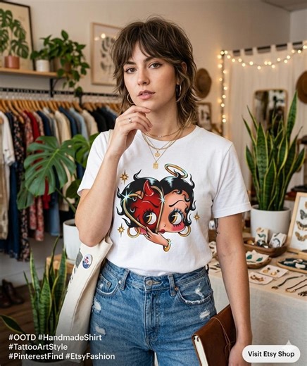 Betty Boop Heart Mask Tee | Devil and Angel Illustration T-shirt - Etsy