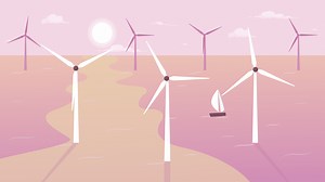 Animated windmills lo fi background. Sustainable wind turbines. 2D cartoon seascape animation with sun and pastel pink sky on background. 4K video footage with alpha channel for lofi music aesthetic
